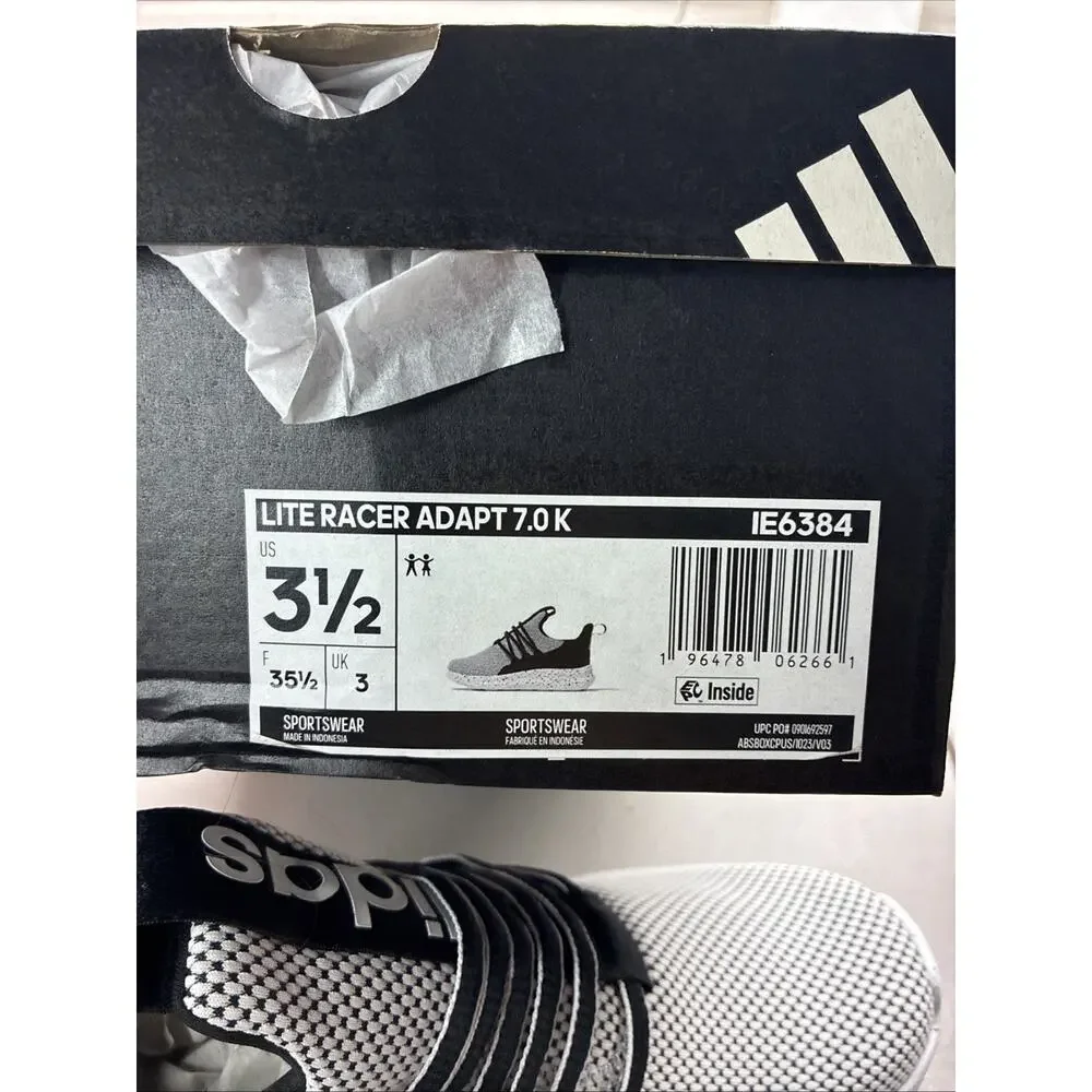 New adidas Lite Racer Adapt 7.0 Kids White/Black Slip-On Size 3.5 Youth IE6384